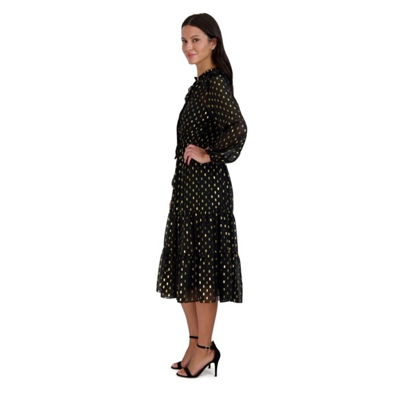 Julia Jordan Long Sleeve Ruffle Drawstring Midi Dress in Black & Gold Size 14 - Picture 3 of 11